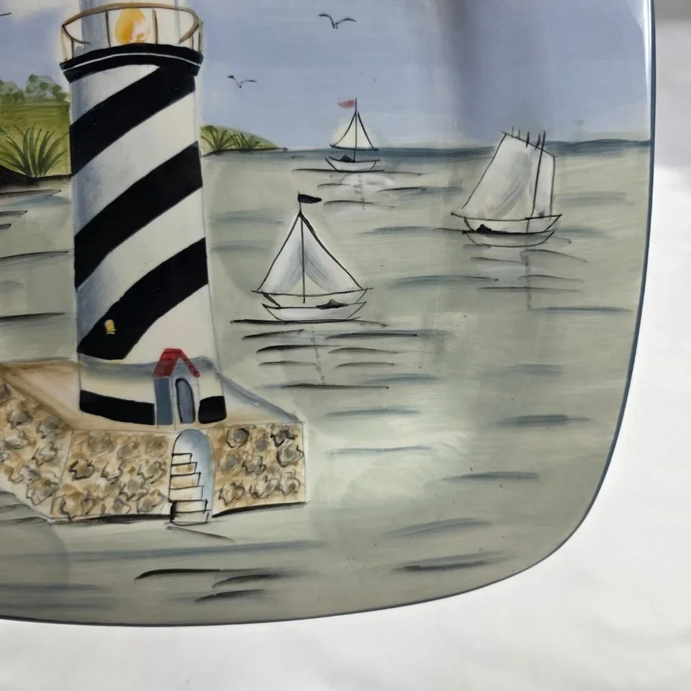 TWO Sakura Nantucket Shoreline Square Salad Plates Lighthouses, Birds Grass